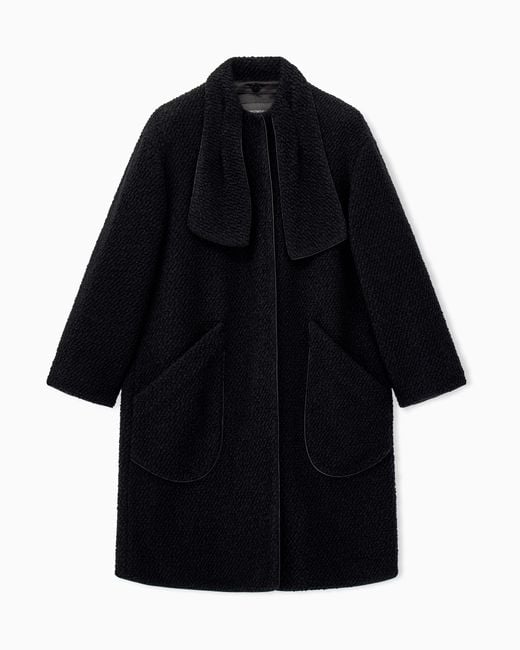 Emporio Armani Black Virgin Wool Bouclé Coat With A Shawl Collar And Pockets
