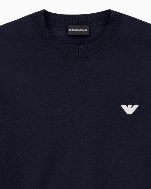 Emporio Armani Blue Virgin Wool Sweater With Embroidered Logo for men