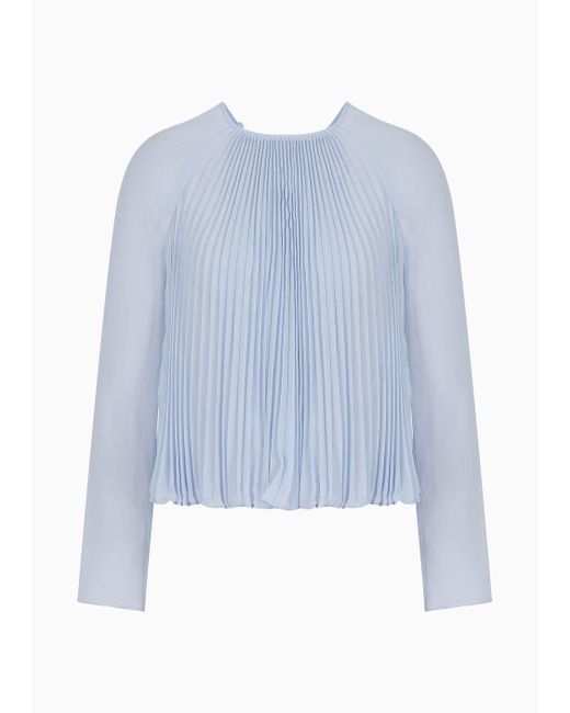 Emporio Armani Blue Sheer Georgette Blouse With Pleats, Front And Back