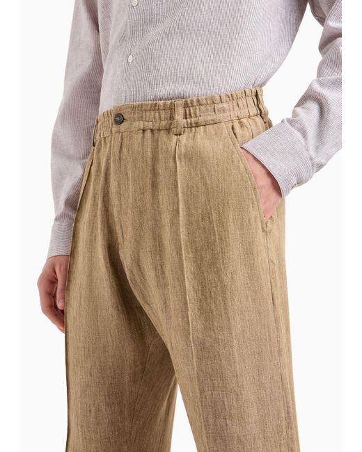 Emporio Armani Natural Crêpe-effect Faded Linen Trousers With Ribbing for men