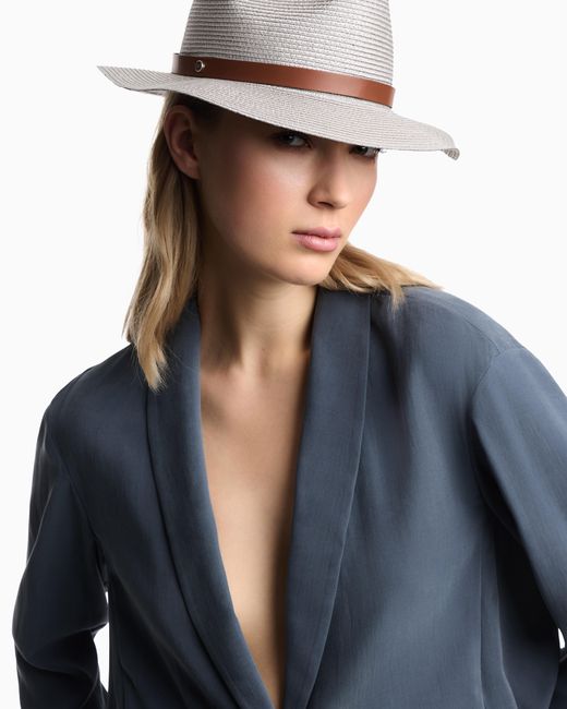 Emporio Armani White Woven Raffia Fedora Hat