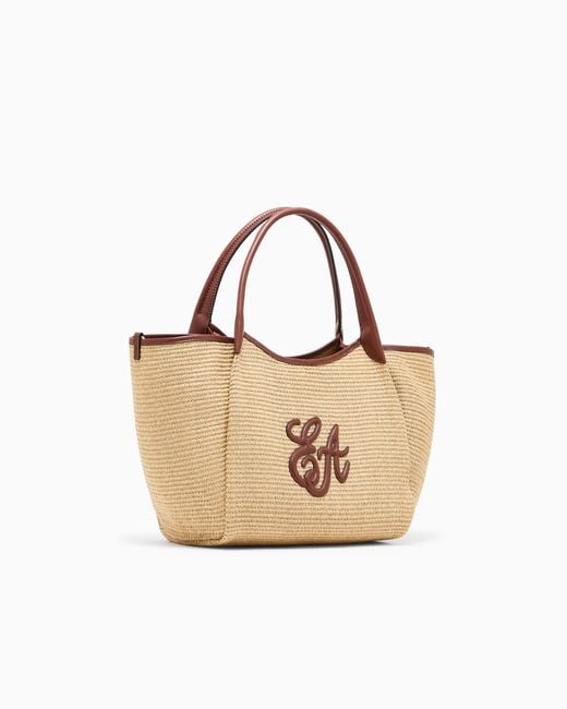 Emporio Armani Natural Woven Straw Medium Shopper Bag With Ea Logo