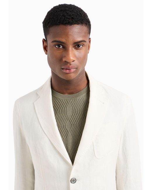 Emporio Armani White Single-breasted Jacket In Faded Linen With A Crêpe Texture for men