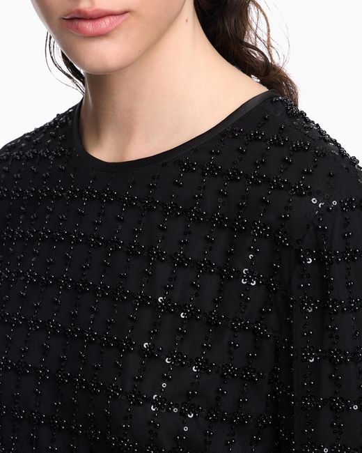 Emporio Armani Blue Tulle Top With Sequin And Bead Embroidery