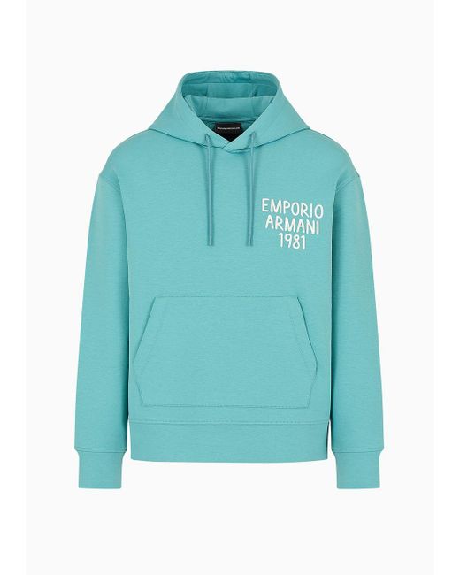 Emporio Armani Blue Double-jersey Hooded Sweatshirt With Logo Embroidery for men