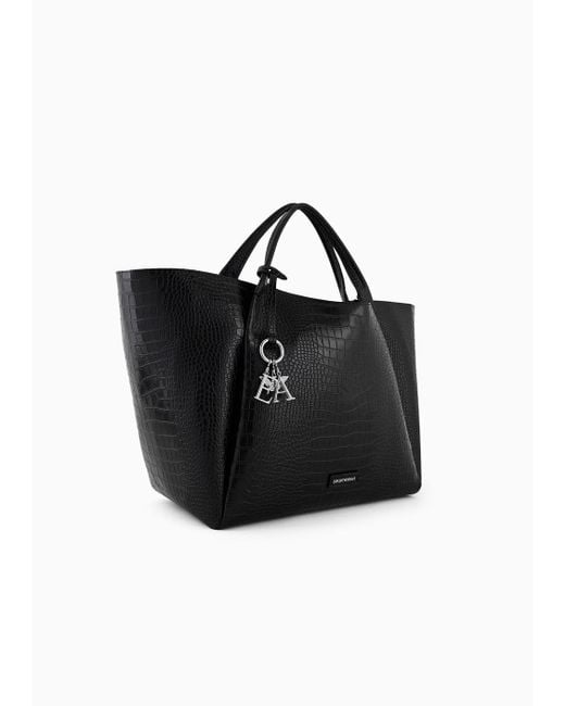 Maxi Shopper Con Finish Stampa Cocco E Charm Logo di Emporio Armani in Black