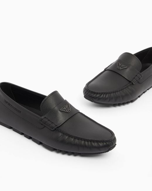 Emporio Armani White Saffiano Leather Driving Loafers for men