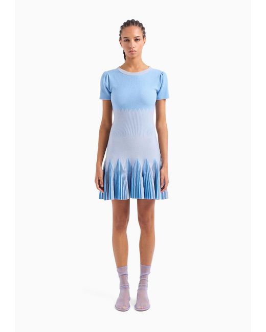 Emporio Armani Blue Checked Ottoman Dress With Pleated Skirt