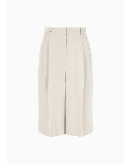 Emporio Armani Green Icon Bermuda Shorts With Pleats In A Flowing Linen Blend With Leather Details