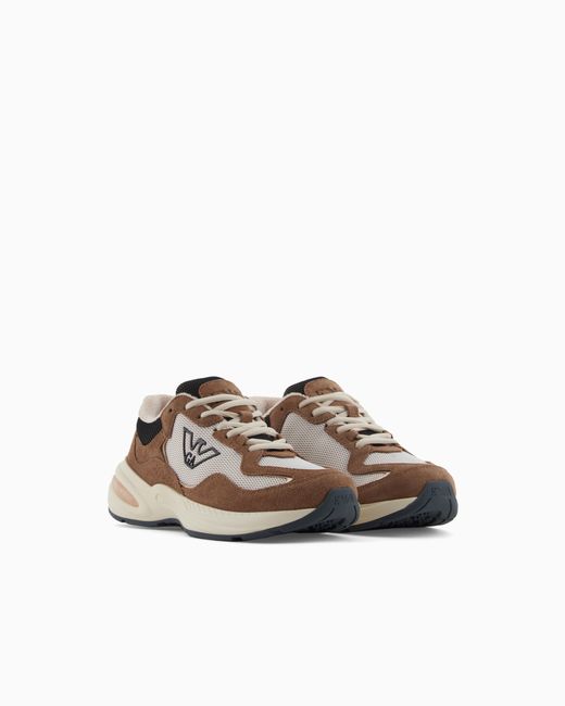 Emporio Armani White Mesh Sneakers With Suede Details And An Eagle Logo