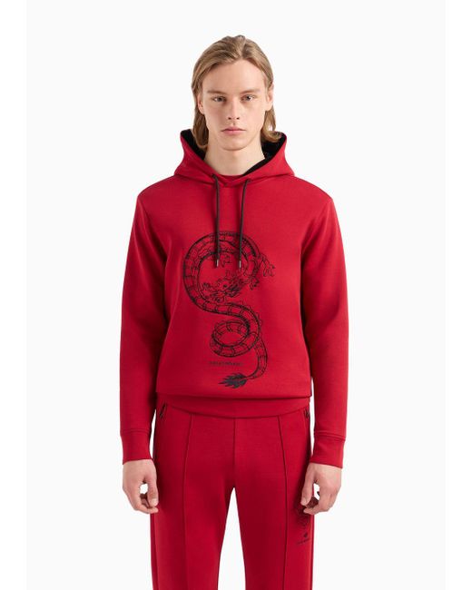 Emporio Armani Sweatshirt Mit Kapuze Aus Doppellagigem Jersey Mit Drachen-stickerei in Red für Herren