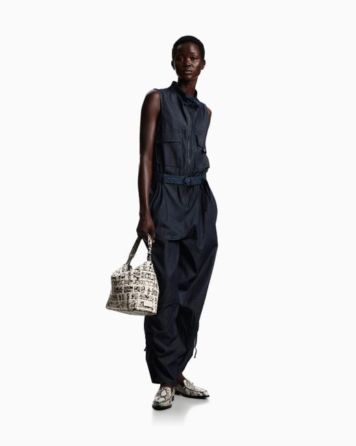 Emporio Armani Blue Lightweight Denim Jumpsuit With Embroidery On The Pocket
