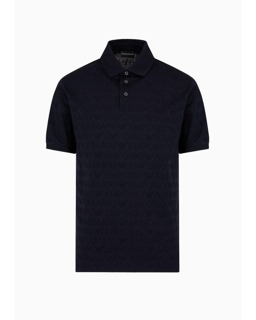 Emporio Armani Black Jersey Polo Shirt With All-over Jacquard Lettering for men