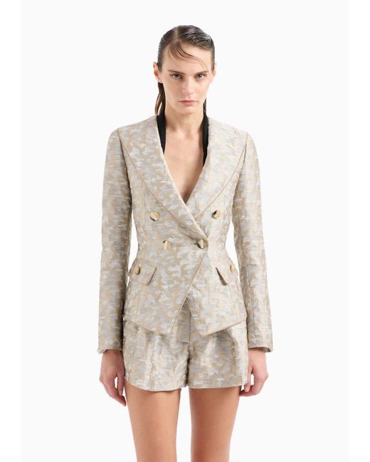Emporio Armani White Double-breasted Shawl-collar Jacket In Jacquard With A Deconstructed Geometric Design