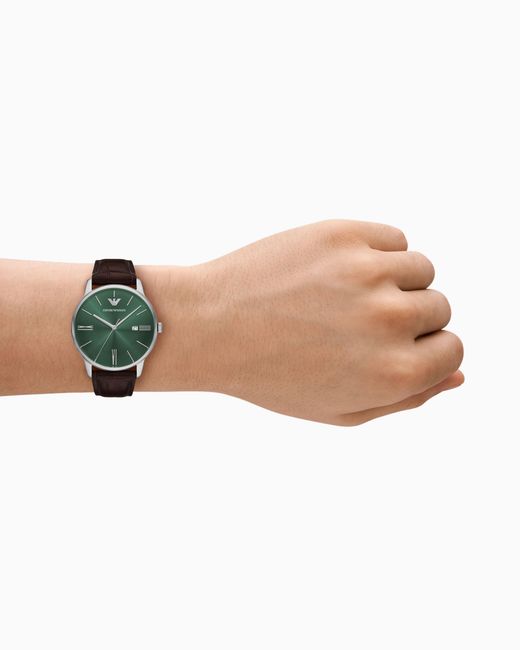 Emporio Armani Green Three-Hand Date Leather Watch for men