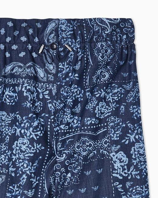 Emporio Armani Blue Chambray Trousers With All-Over Print
