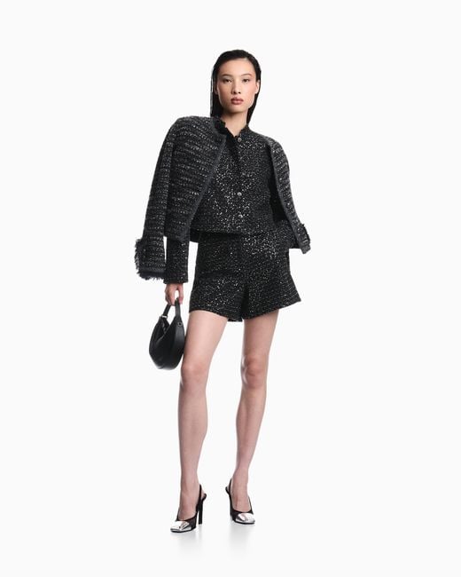 Emporio Armani Black Denim Blazer With Embroidered Paillettes And Front Buttons