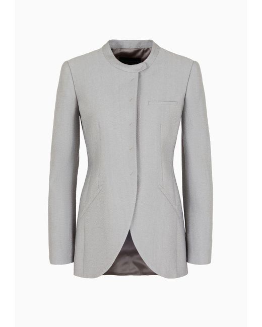 Emporio Armani Gray Icon Asv Guru-collar Jacket In A Flowing Lyocell And Linen Blend Armure Fabric