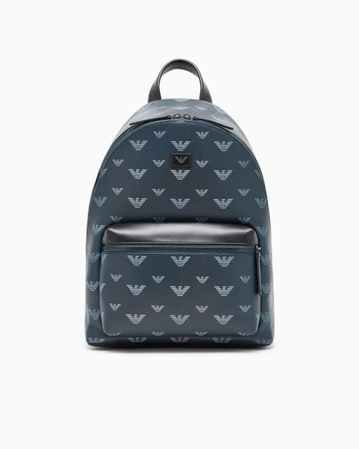 Emporio Armani Blue Coated Canvas Backpack With All-Over Eagle for men