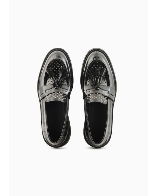 Emporio Armani Black Brushed Leather Loafers With Studs for men