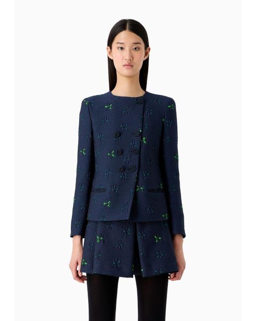 Emporio Armani Blue Double-breasted Jacket In Jacquard Fabric With A Floral Pattern