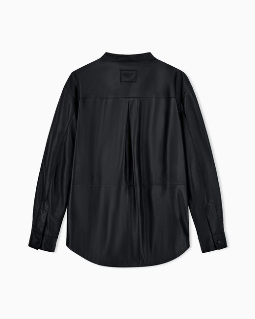 Emporio Armani Black Leather Shirt With Stand-Up Collar And Snap Buttons