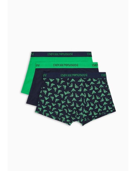 Emporio Armani Green Three-pack Of Pure Cotton Boxer Briefs for men