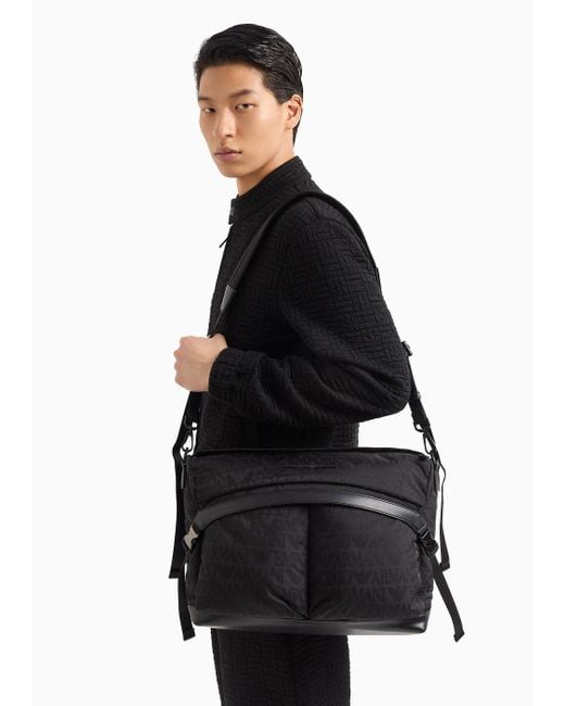 Emporio Armani Black Nylon Jacquard Messenger Bag With All-over Logo Lettering for men
