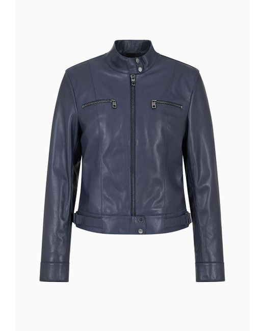 Emporio Armani Blue Biker Jacket In Lambskin Nappa Leather With A Soft Feel