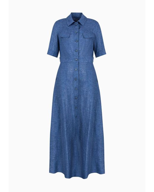 Emporio Armani Blue Icon Langes Kleid Mit Kurzen Ärmeln Aus Leinen In Used-optik