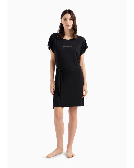 Emporio Armani Black Stretch-viscose Beachwear Dress With Micro-studded Logo And Sash