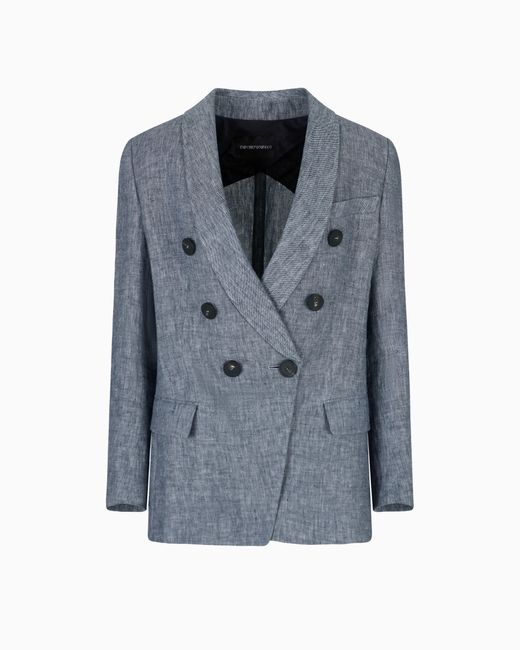 Emporio Armani Blue Doppelreihiger Chambray-Blazer Aus Leinen-Mischung