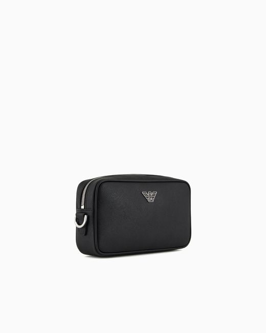 Emporio Armani Black Regenerated Saffiano Leather Washbag With Eagle Plate for men