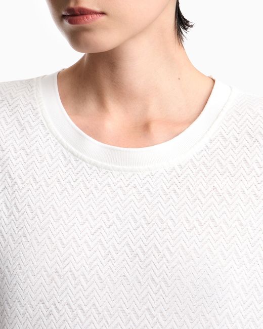 Emporio Armani White Crew Neck Cotton Jacquard Jumper With A Chevron Pattern