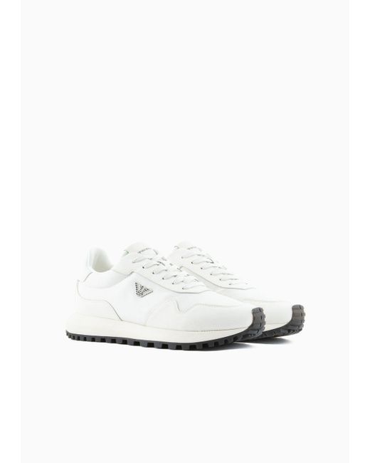 Emporio Armani White Armani Sustainability Values Recycled Nylon Sneakers With Regenerated Saffiano Details for men