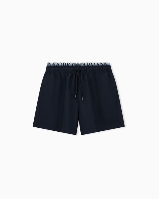 Emporio Armani Blue Swim Shorts With Logo Waistband for men