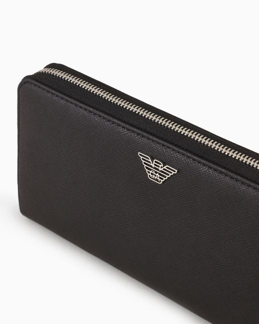Emporio Armani Black Regenerated Saffiano Leather Zip-Around Wallet With Eagle Plate for men