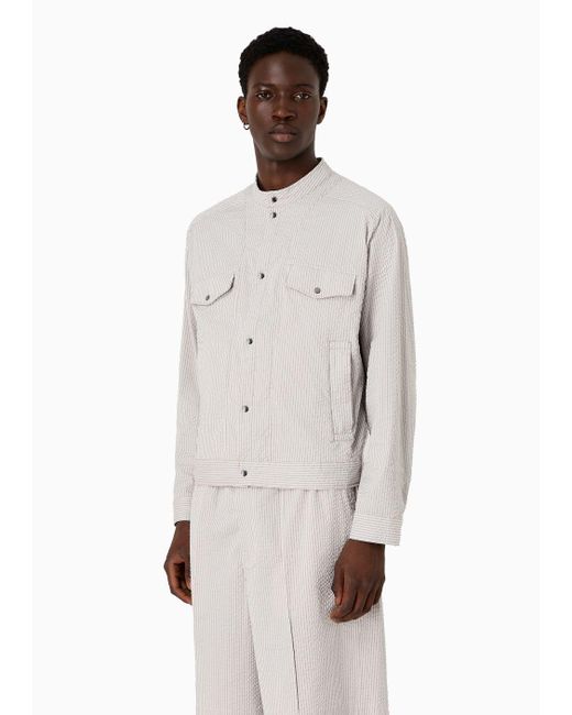 Giacca Camicia In Tessuto Seersucker Rigato di Emporio Armani in White da Uomo