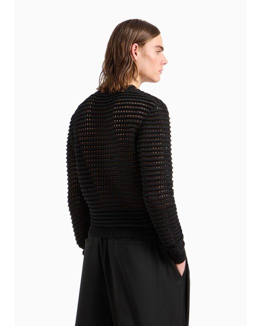 Emporio Armani Black Perforated V-neck Jumper In An Ottoman Knit for men