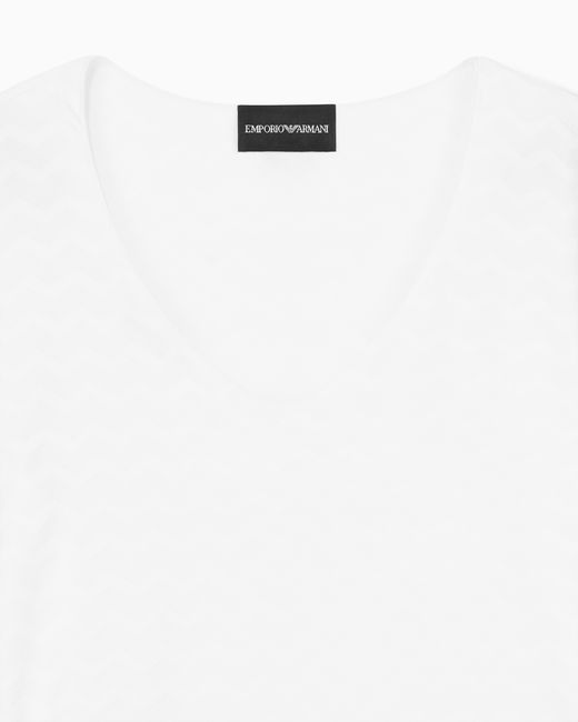 Emporio Armani White Jersey Jumper With A V-Neck And Jacquard Pattern Essential