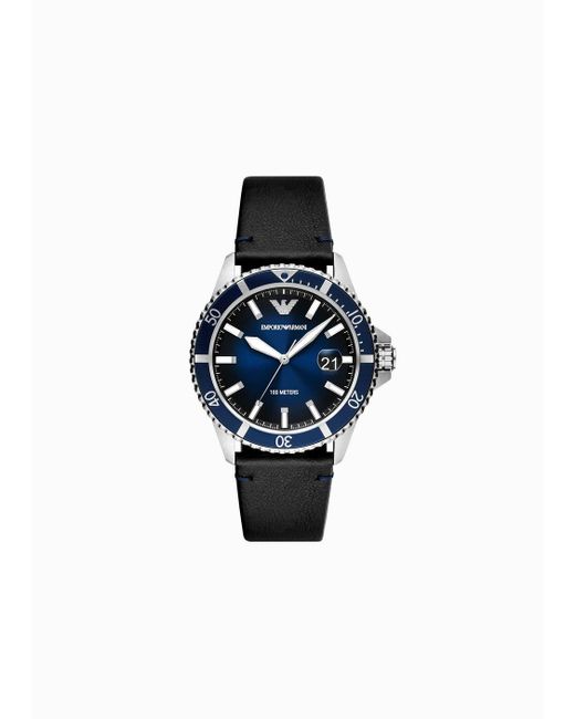 Emporio Armani Blue Three-hand Date Black Leather Watch for men