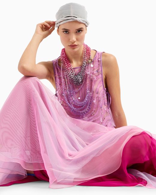 Emporio Armani Pink Silk Organza Top With Embroidery And Sequins
