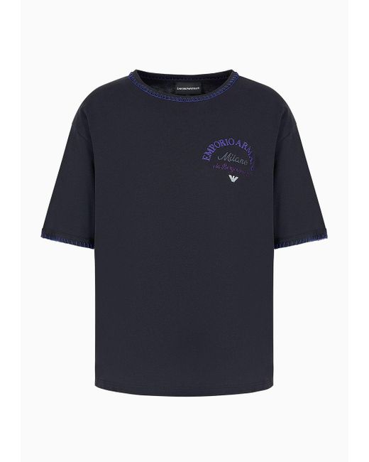 Emporio Armani Blue Asv Organic Jersey T-shirt With Logo Embroidery And Stitching
