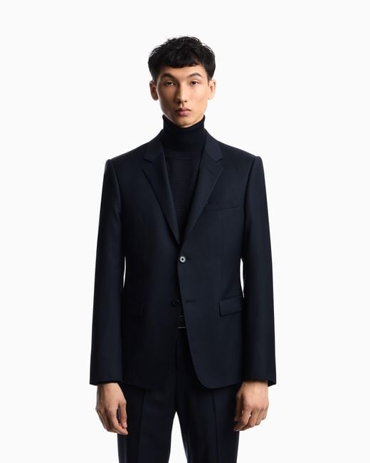 Emporio Armani Blue Plain Worsted Wool Single-Breasted Jacket for men