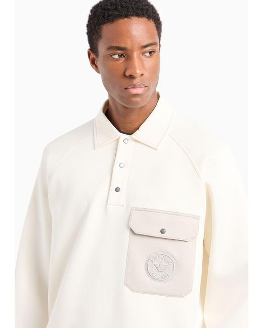 Emporio Armani White Double-jersey Sweatshirt With A Polo-shirt Collar, Pocket And Logo Embroidery for men