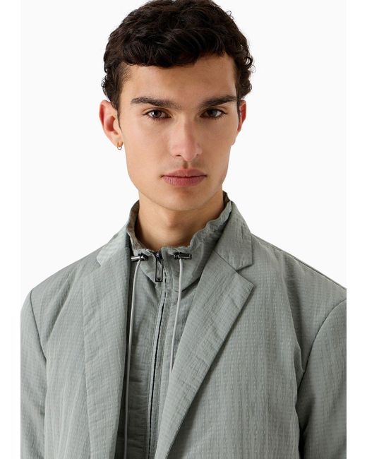 Emporio Armani Gray Single-breasted Jacket With Full-zip Detachable Inner Panel In Lightweight Nylon Seersucker for men