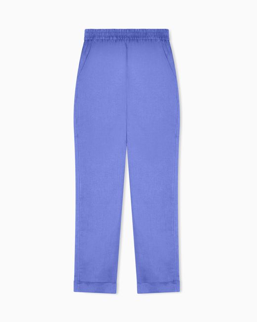 Emporio Armani Blue Pure Linen Trousers With Elasticated Waist