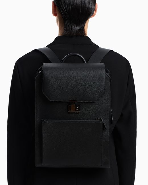Emporio Armani Black Tumbled Top With Flap Leather Backpack And Laptop Sleeve for men