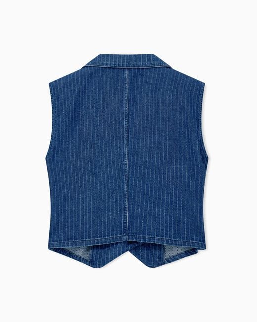 Emporio Armani Blue Pinstriped Denim Wrap Waistcoat With Lapels And A Side Tie