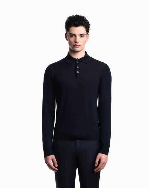 Emporio Armani Blue Pure Virgin-Wool Jumper With Polo-Shirt Collar for men